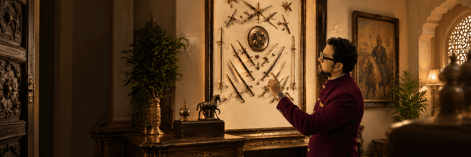 Premium Rajasthan heritage sword collection displayed inside an illuminated royal interior.